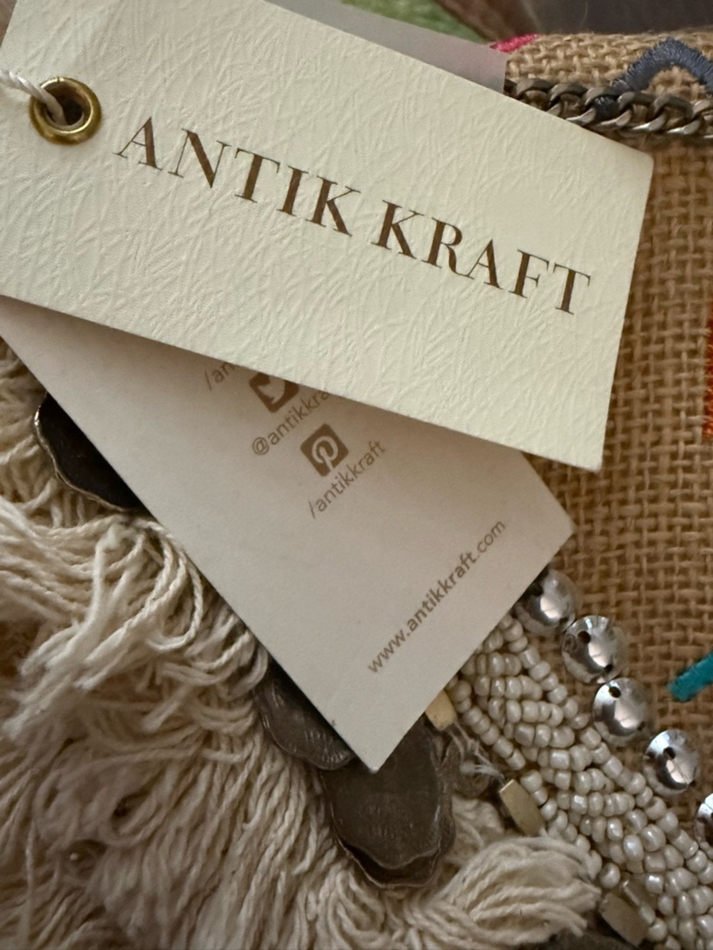 Antik Kraft Beige Jute Embroidered Fringe Crossbody Bag Boho Western Festival - Picture 7 of 7